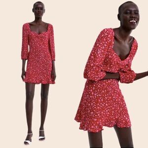 Zara Red & White Ditsy Floral Print Ruffle Mini Dress Size Small